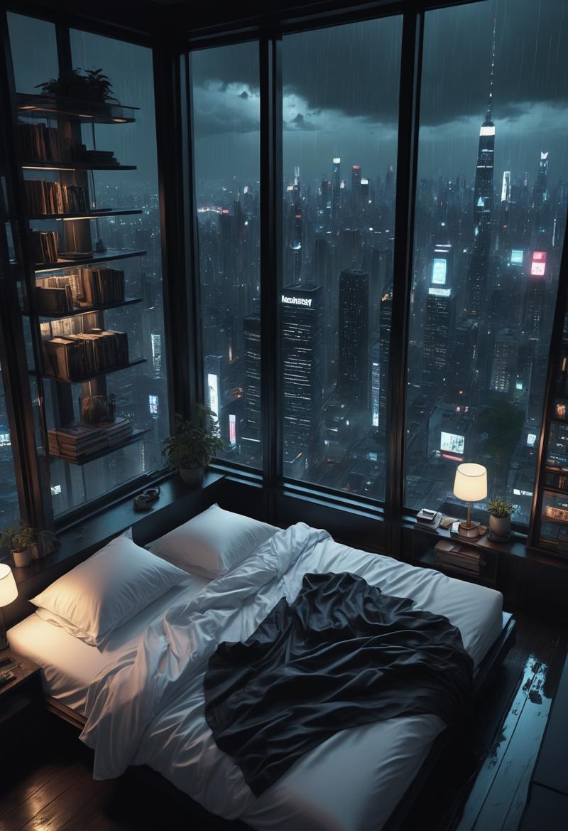 00071-moody aesthetic, beautiful cozy, cramped bedroom with floor to ceiling glass windows overlooking a cyberpunk city at night, view.png